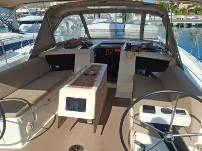 Cockpit of Dufour 430 GL, a sailboat at Tonnarella, Italy