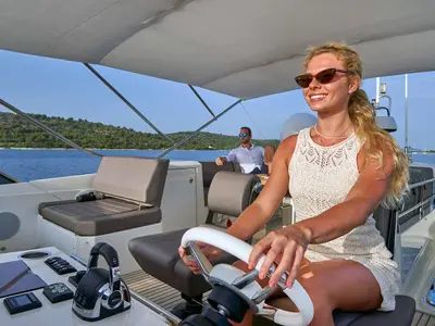 Cockpit of Simul, a Prestige 630S motor yacht at Grad Trogir, Croatia
