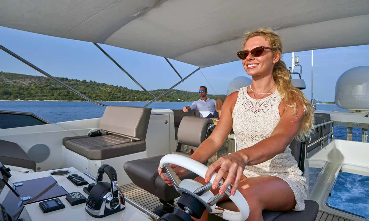 Cockpit of Simul, a Prestige 630S motor yacht at Grad Trogir, Croatia