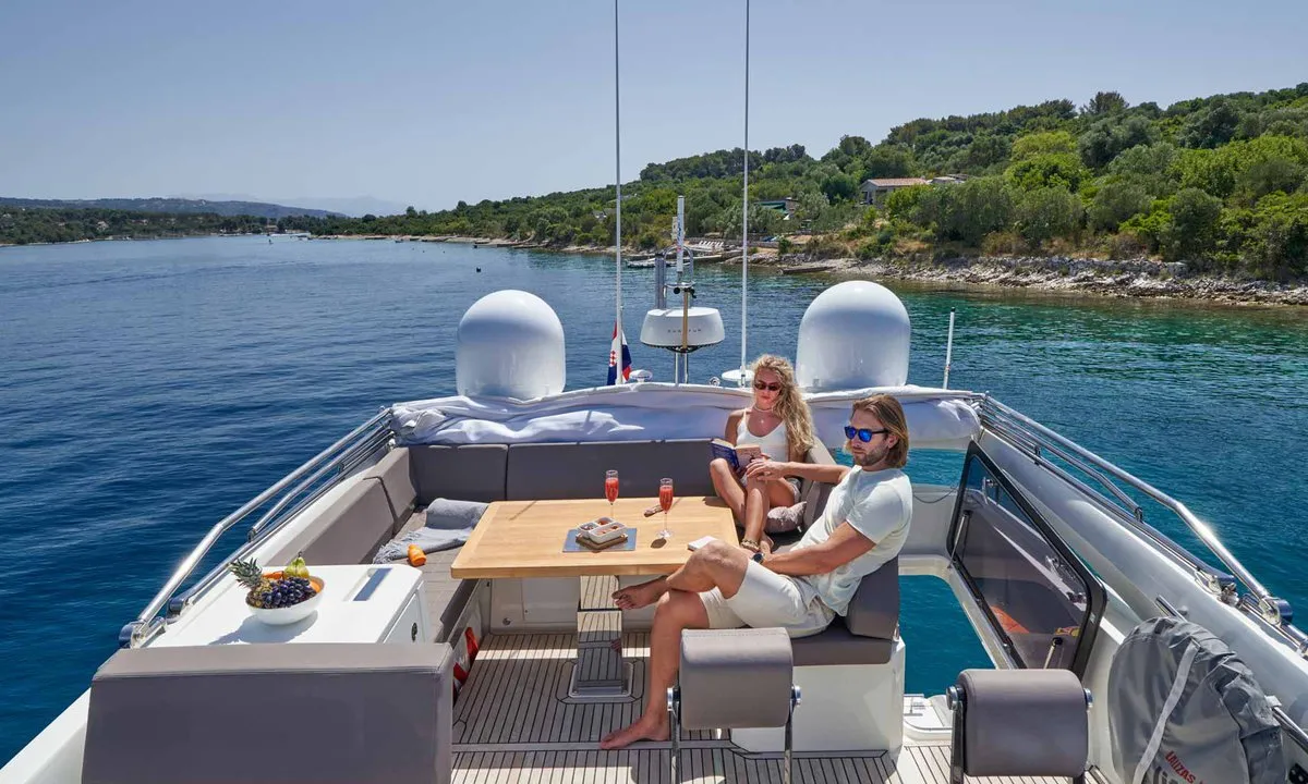 Deck of Simul, a Prestige 630S motor yacht at Grad Trogir, Croatia