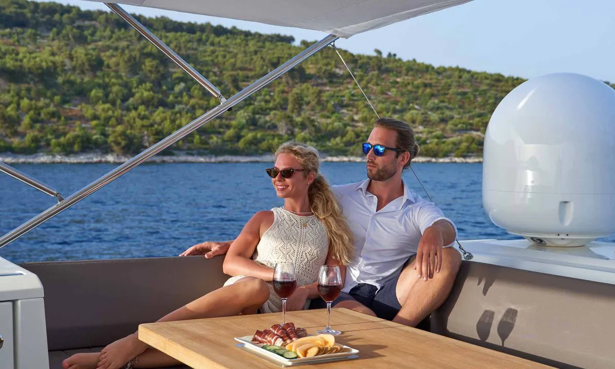 Deck of Simul, a Prestige 630S motor yacht at Grad Trogir, Croatia