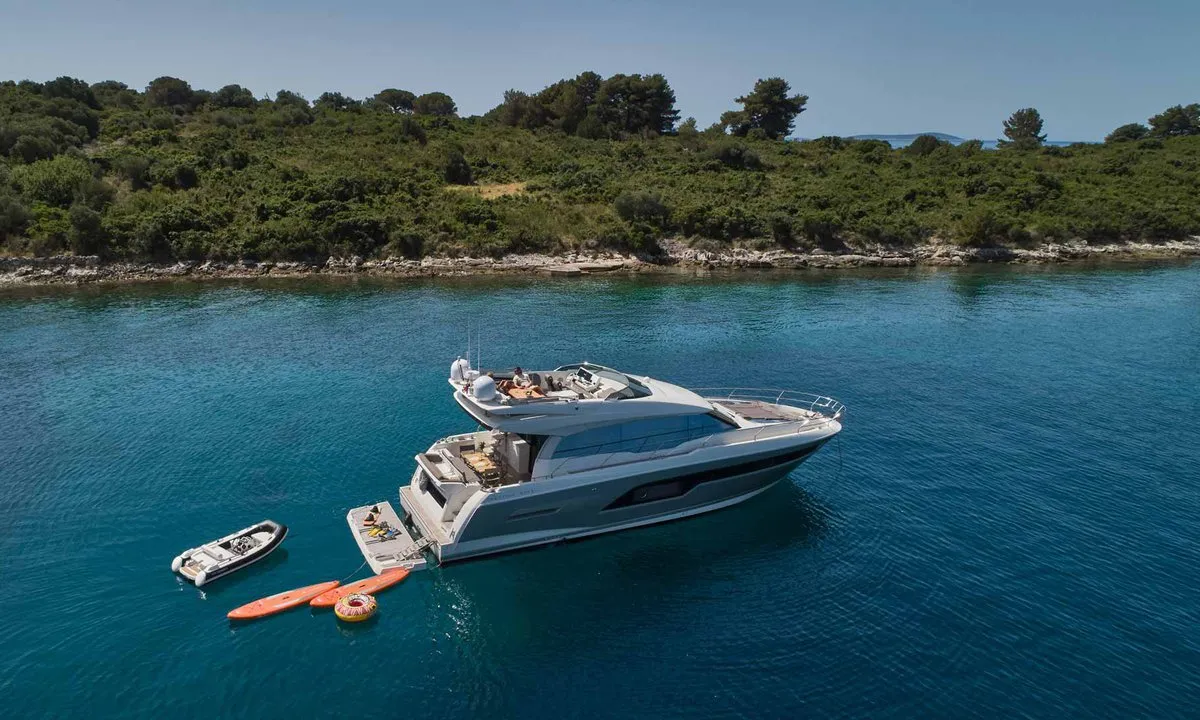 Exterior view of Simul, a Prestige 630S motor yacht at Grad Trogir, Croatia