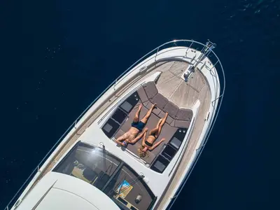 Deck of Simul, a Prestige 630S motor yacht at Grad Trogir, Croatia