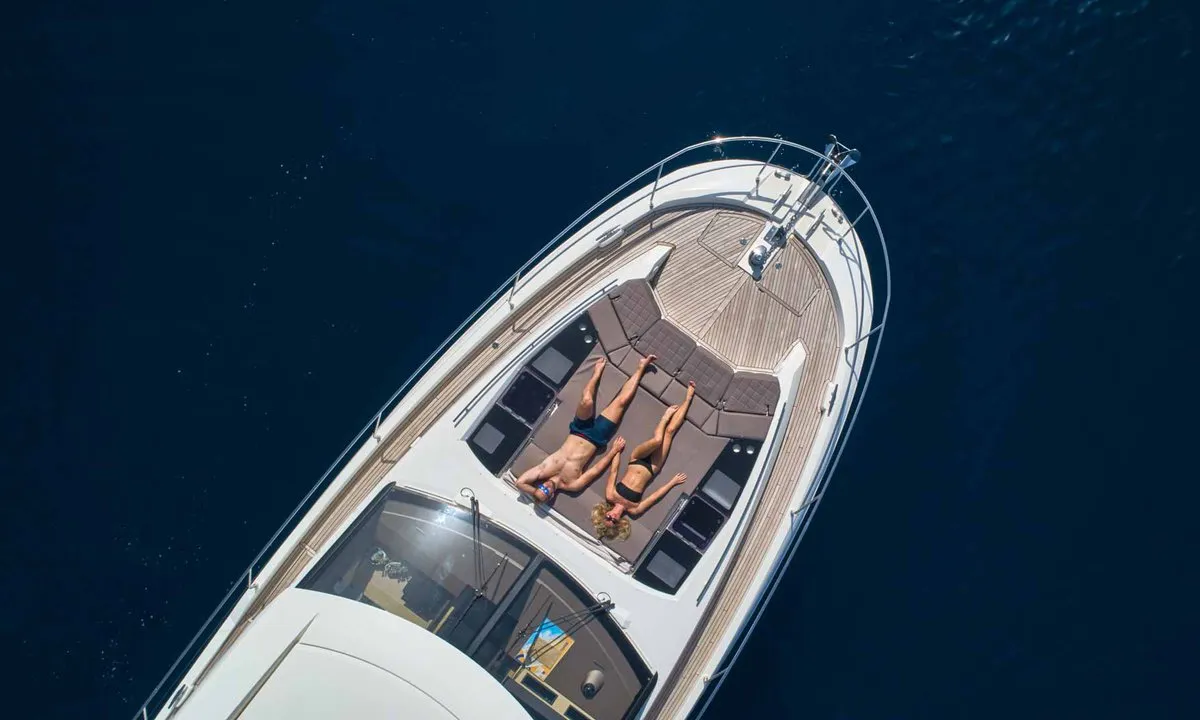 Deck of Simul, a Prestige 630S motor yacht at Grad Trogir, Croatia