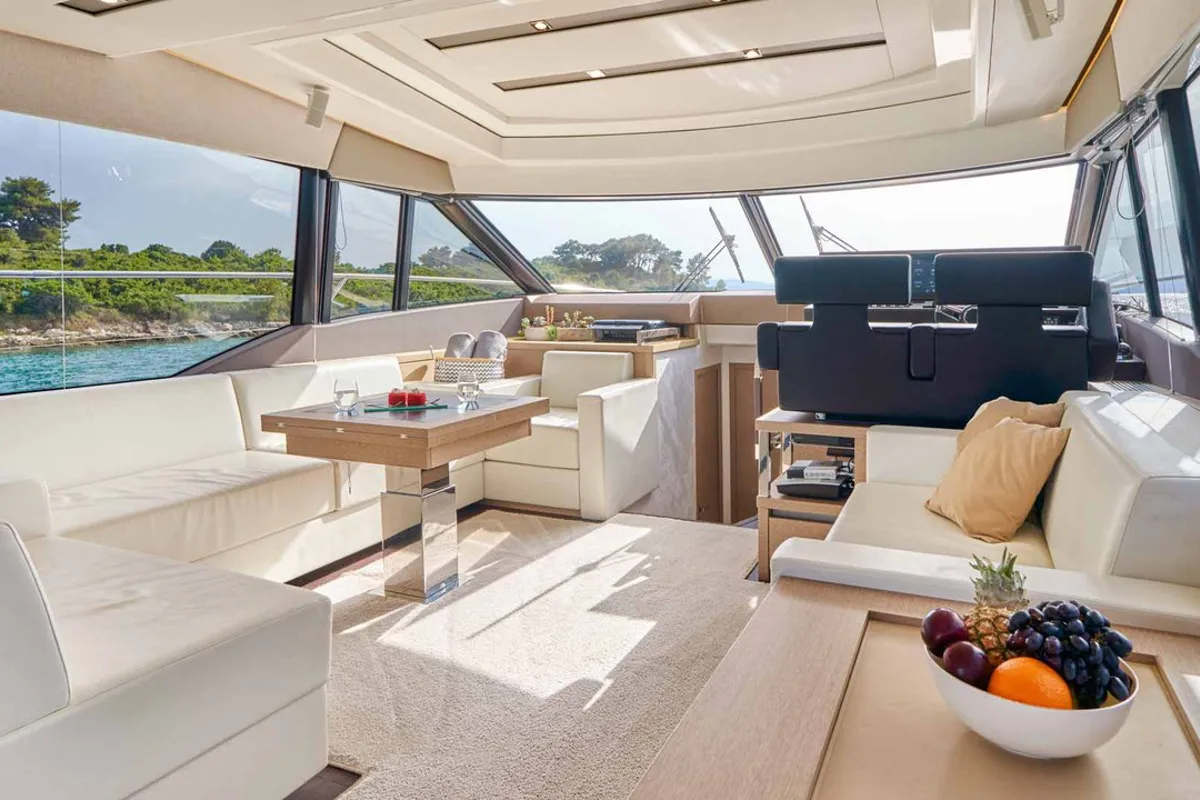 Salon of Simul, a Prestige 630S motor yacht at Grad Trogir, Croatia