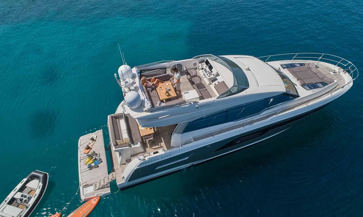 Exterior view of Simul, a Prestige 630S motor yacht at Grad Trogir, Croatia