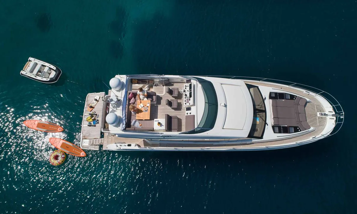 Exterior view of Simul, a Prestige 630S motor yacht at Grad Trogir, Croatia