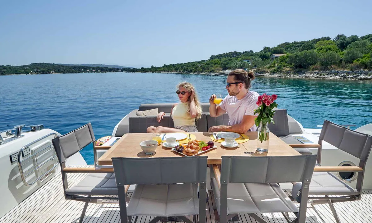 Deck of Simul, a Prestige 630S motor yacht at Grad Trogir, Croatia