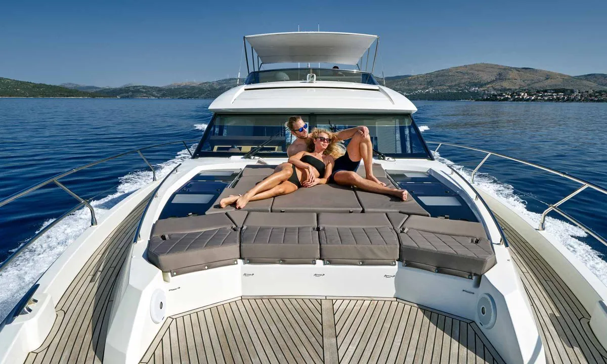 Deck of Simul, a Prestige 630S motor yacht at Grad Trogir, Croatia