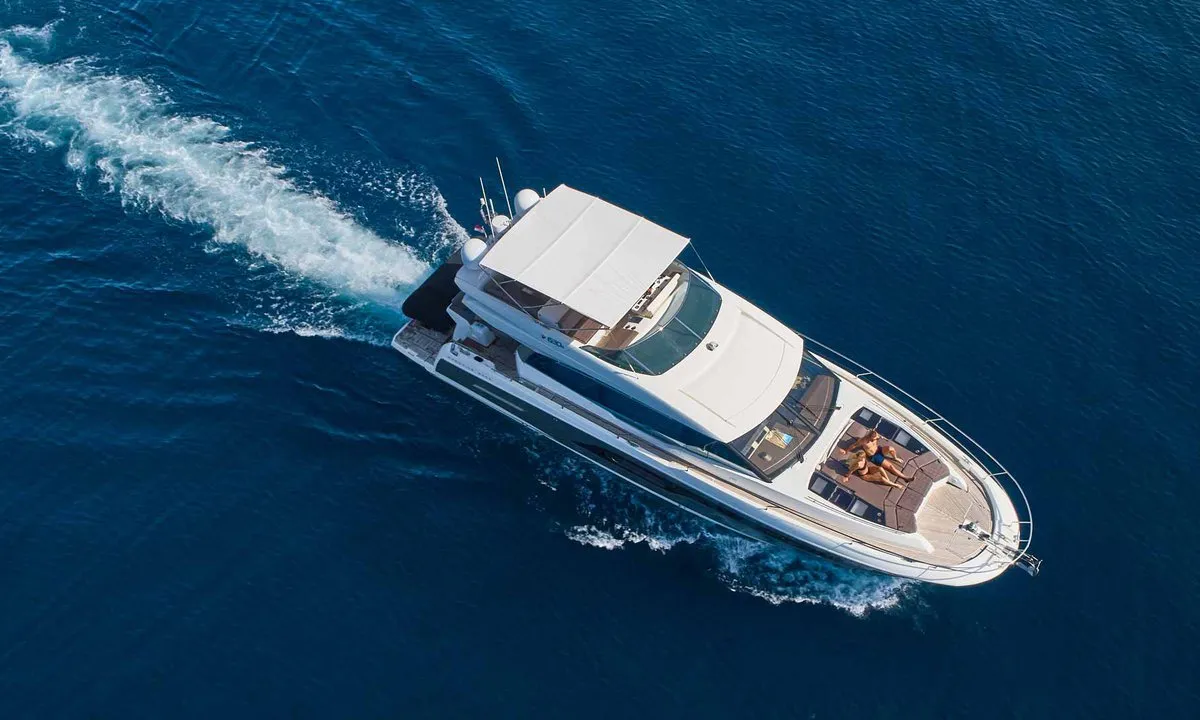 Exterior view of Simul, a Prestige 630S motor yacht at Grad Trogir, Croatia