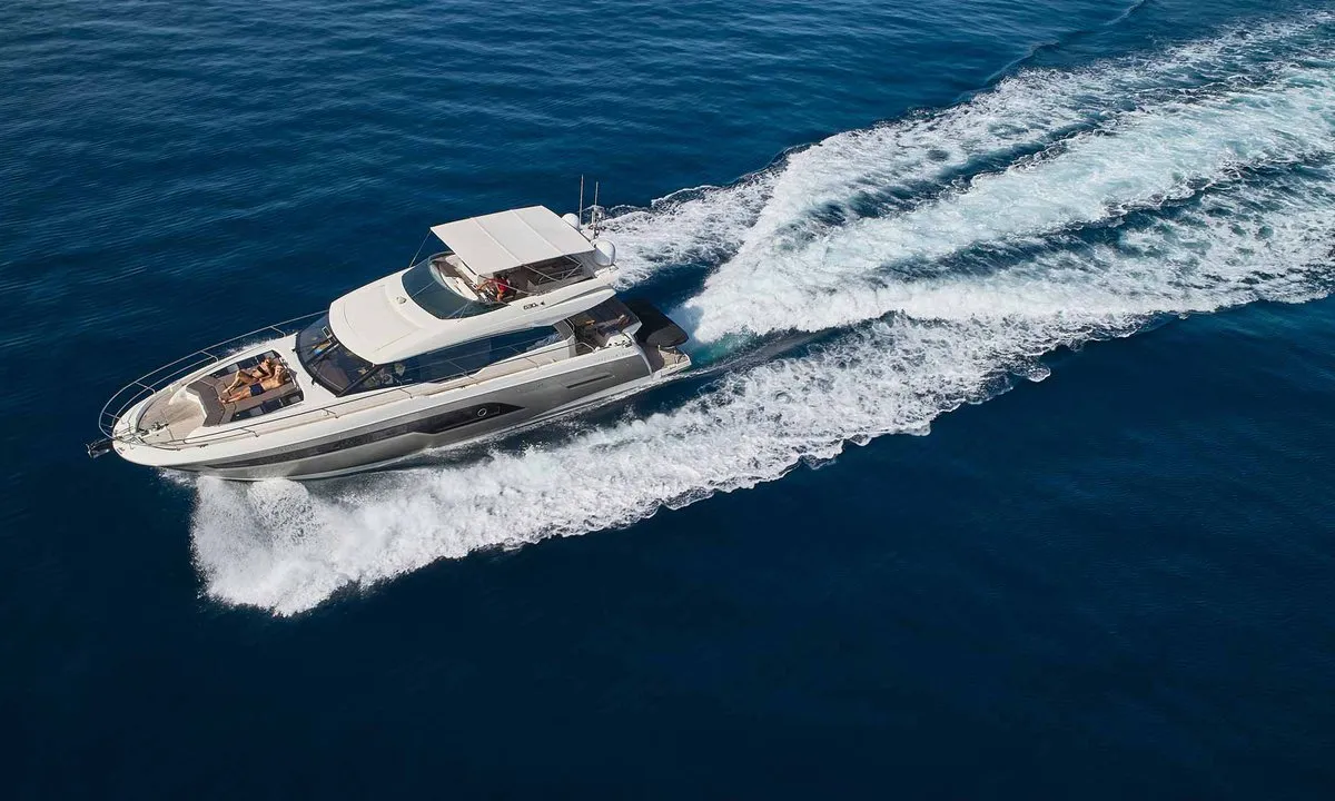 Exterior view of Simul, a Prestige 630S motor yacht at Grad Trogir, Croatia