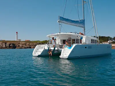 Exterior view of BigElli, a Lagoon 450 F catamaran at Palma de Mallorca, Spain