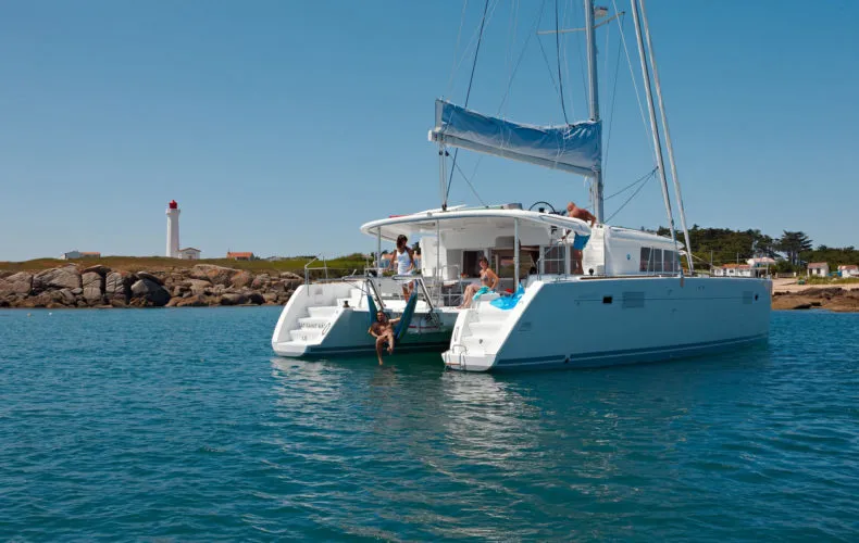 Exterior view of BigElli, a Lagoon 450 F catamaran at Palma de Mallorca, Spain