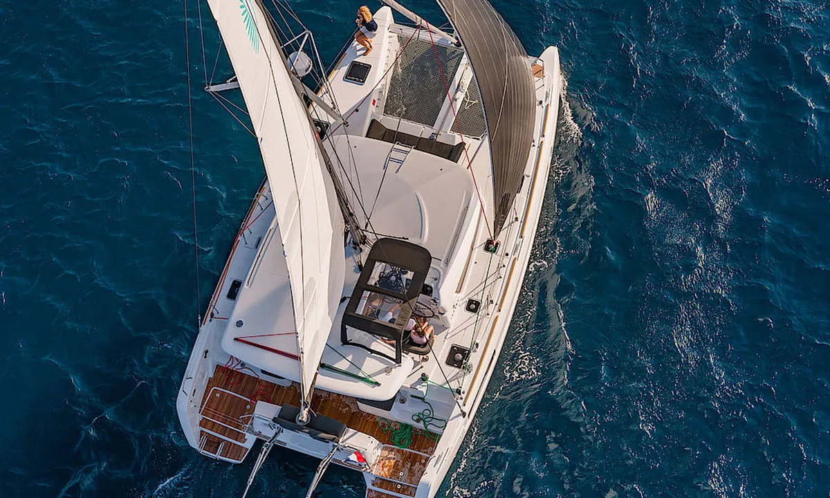 Exterior view of Sunrise, a Lagoon 40 catamaran at Palma de Mallorca, Spain