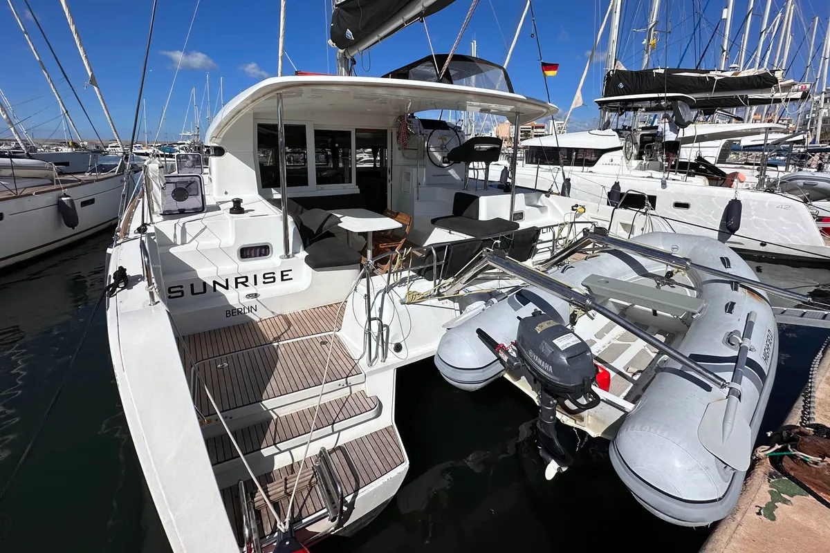 Exterior view of Sunrise, a Lagoon 40 catamaran at Palma de Mallorca, Spain