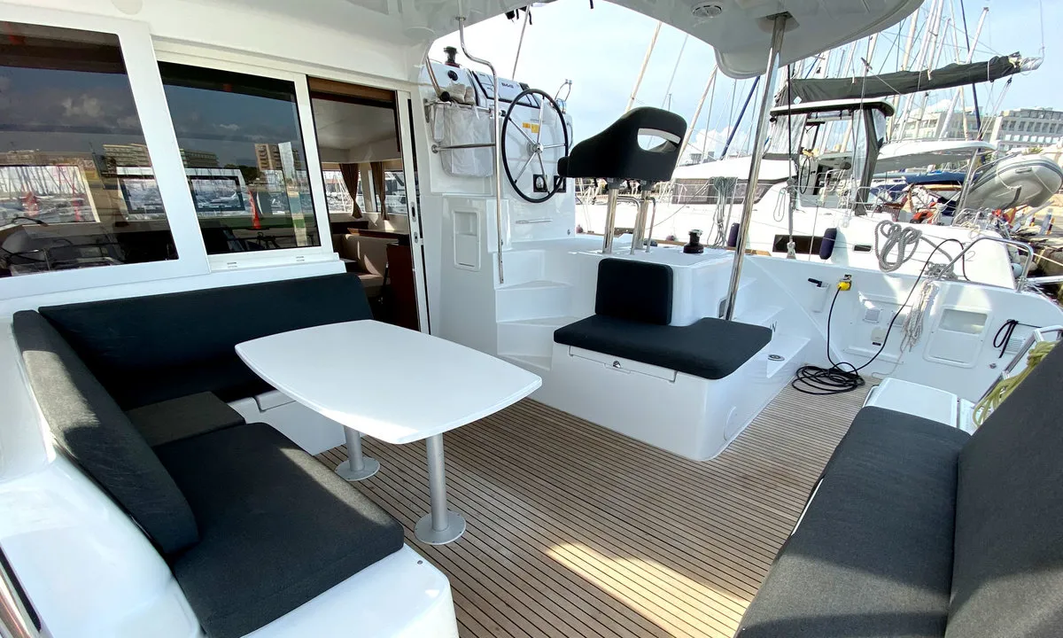 Deck of Sunrise, a Lagoon 40 catamaran at Palma de Mallorca, Spain