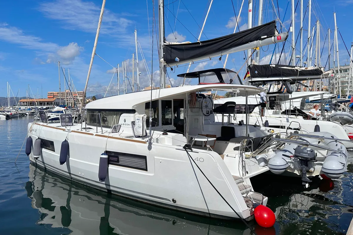 Exterior view of Sunrise, a Lagoon 40 catamaran at Palma de Mallorca, Spain