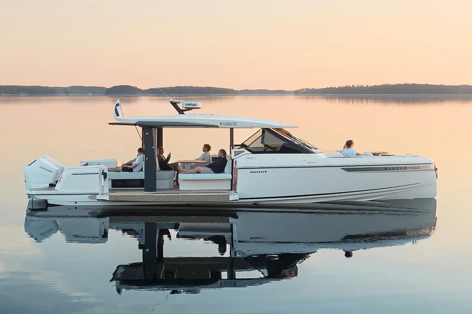 Exterior view of Allora, a Saxdor Yachts motorboat at Alyki, Greece