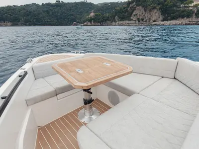 Deck of Allora, a Saxdor Yachts motorboat at Alyki, Greece