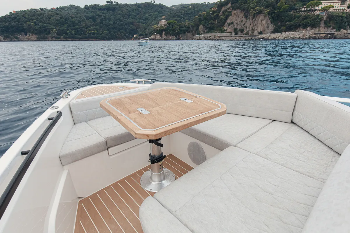 Deck of Allora, a Saxdor Yachts motorboat at Alyki, Greece