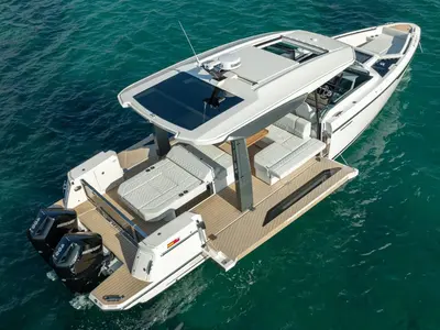 Exterior view of Allora, a Saxdor Yachts motorboat at Alyki, Greece