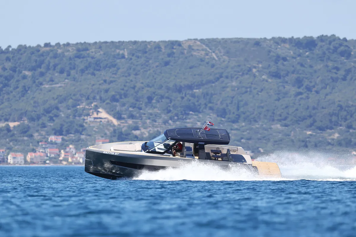 Exterior view of Instant Crush, a Fjord 41 XL motor yacht at Grad Kaštela, Croatia