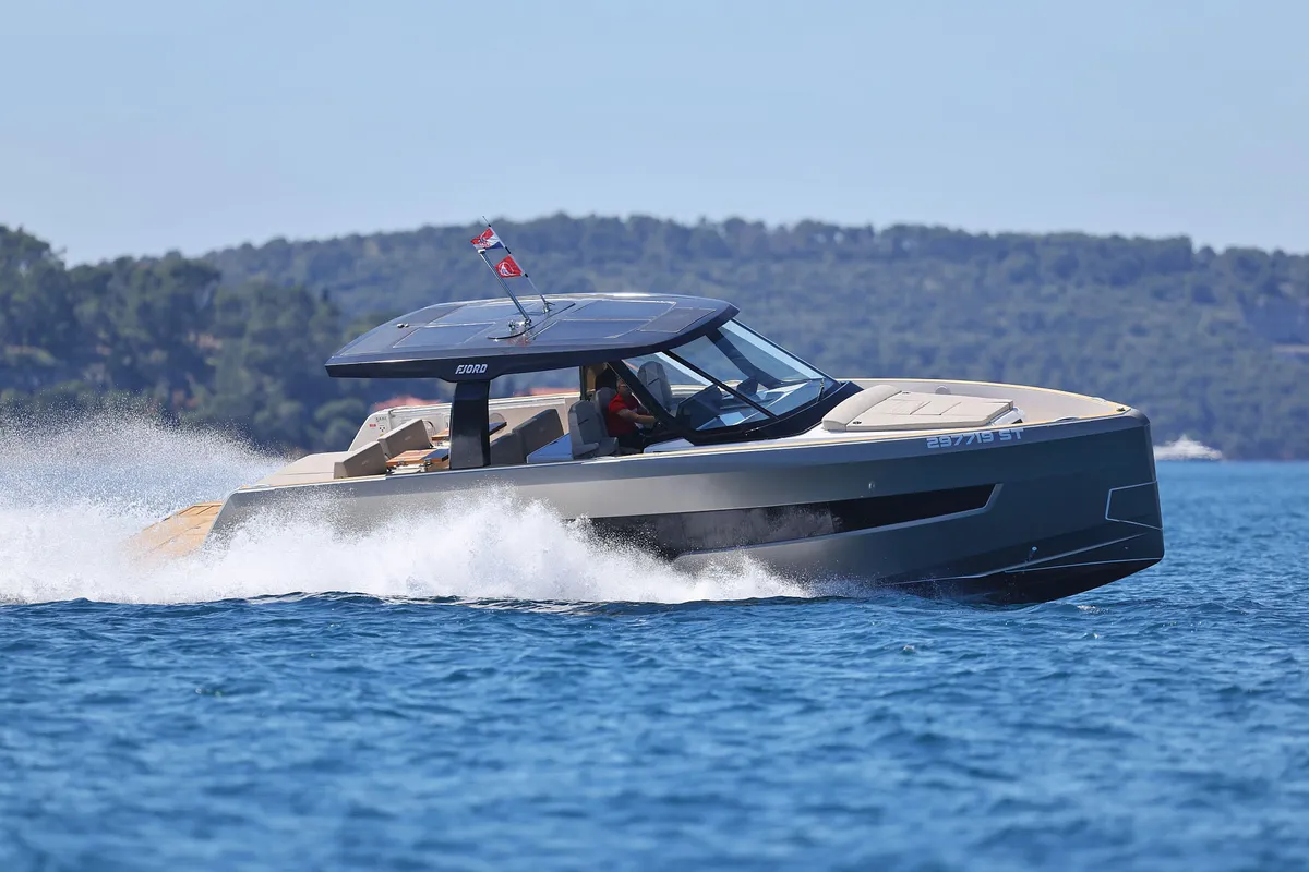 Exterior view of Instant Crush, a Fjord 41 XL motor yacht at Grad Kaštela, Croatia