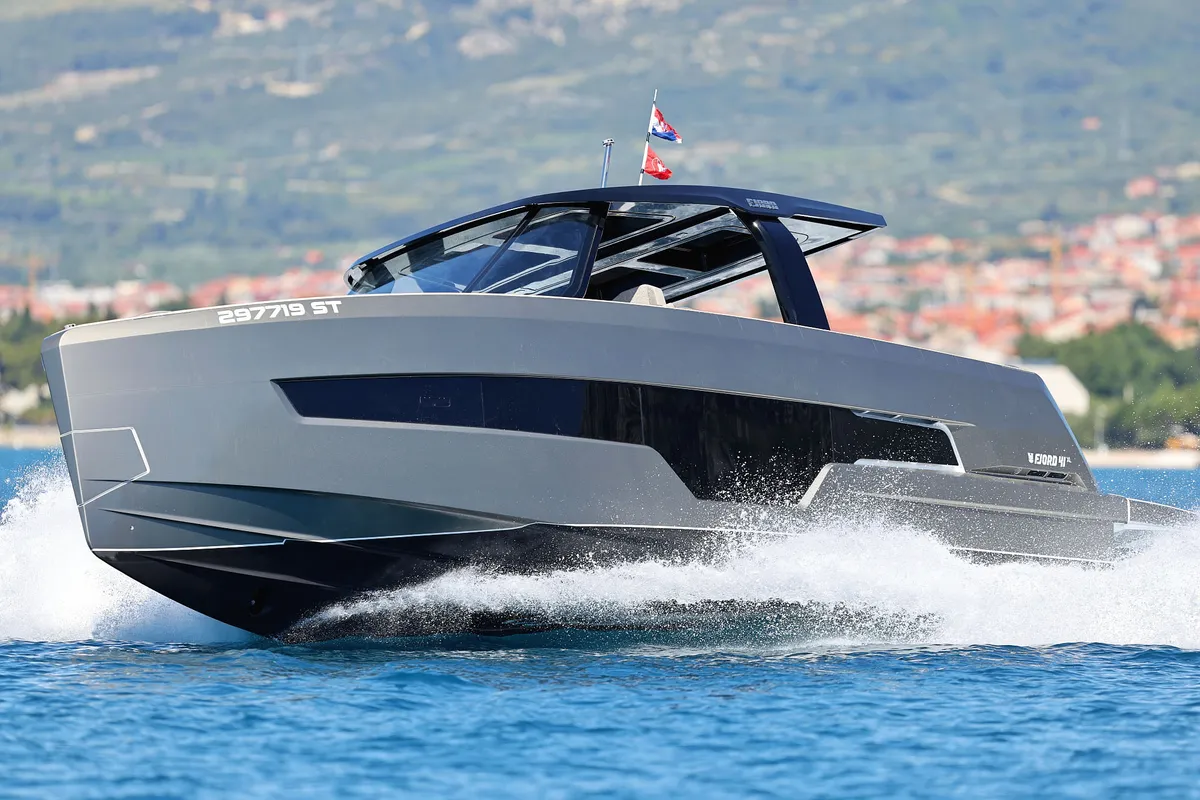 Exterior view of Instant Crush, a Fjord 41 XL motor yacht at Grad Kaštela, Croatia