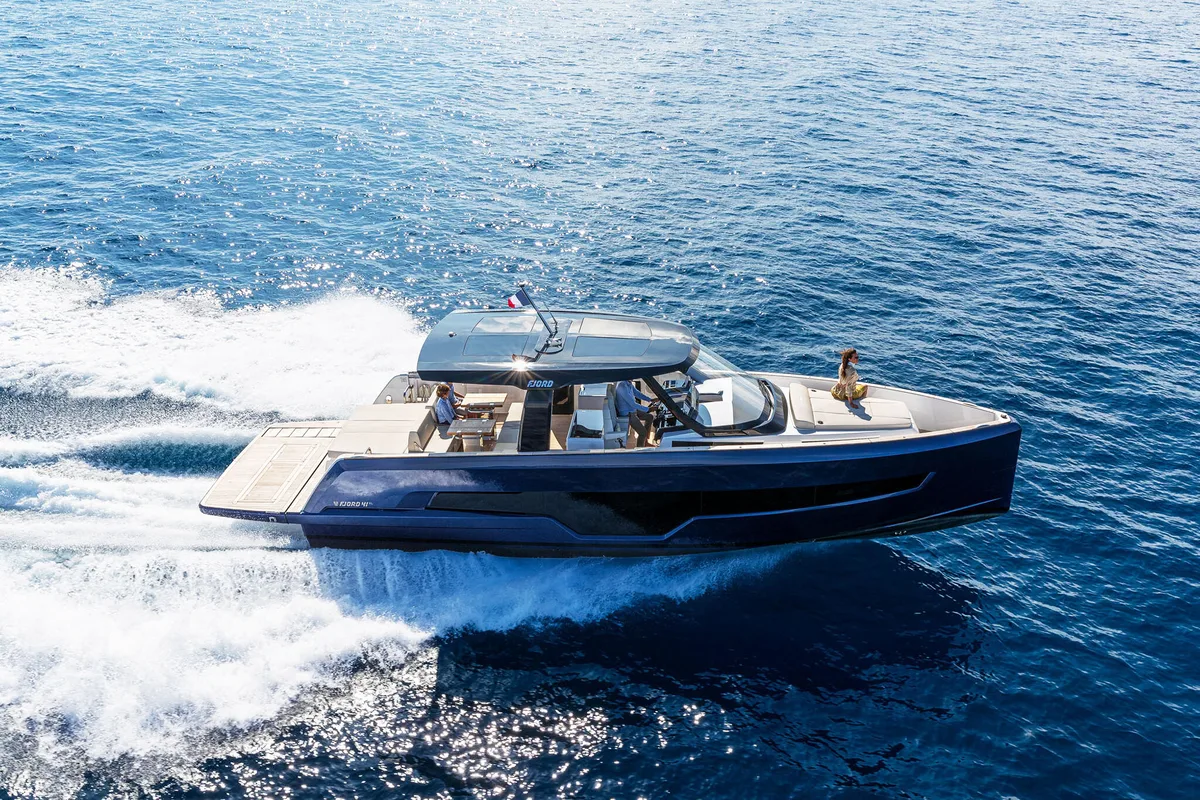 Exterior view of Instant Crush, a Fjord 41 XL motor yacht at Grad Kaštela, Croatia