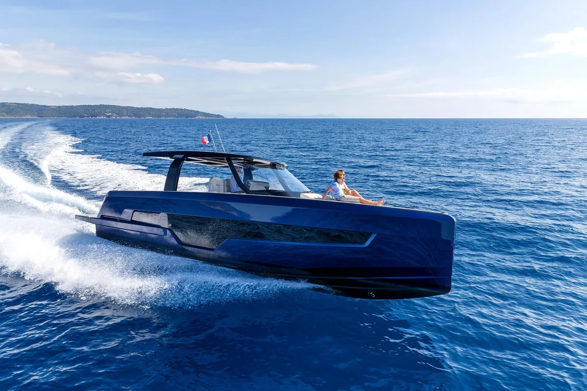 Exterior view of Instant Crush, a Fjord 41 XL motor yacht at Grad Kaštela, Croatia