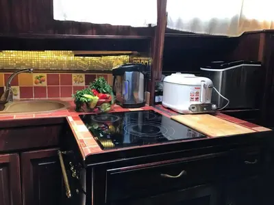 Galley of Dreamaway, a Gulet Waverunner 55 motor yacht at Olbia, Italy
