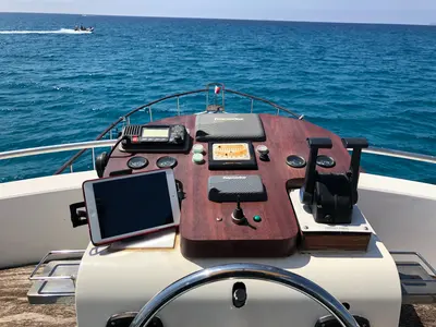 Cockpit of Dreamaway, a Gulet Waverunner 55 motor yacht at Olbia, Italy