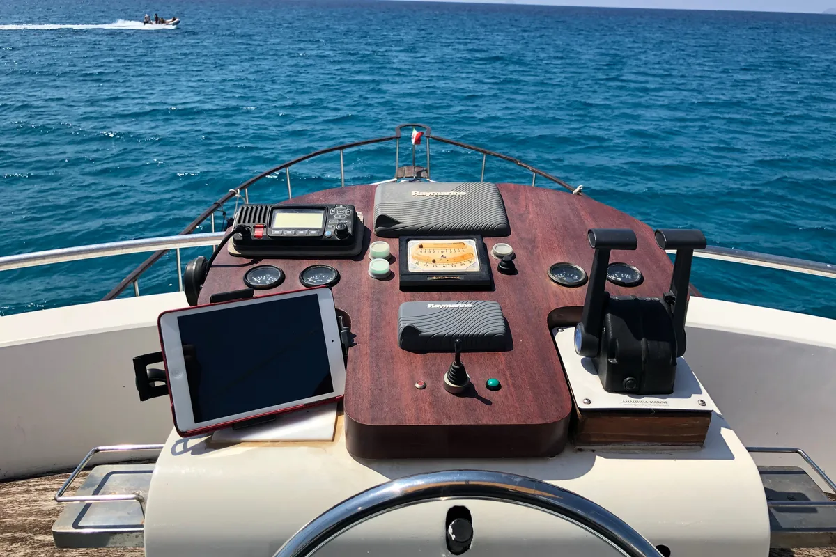 Cockpit of Dreamaway, a Gulet Waverunner 55 motor yacht at Olbia, Italy