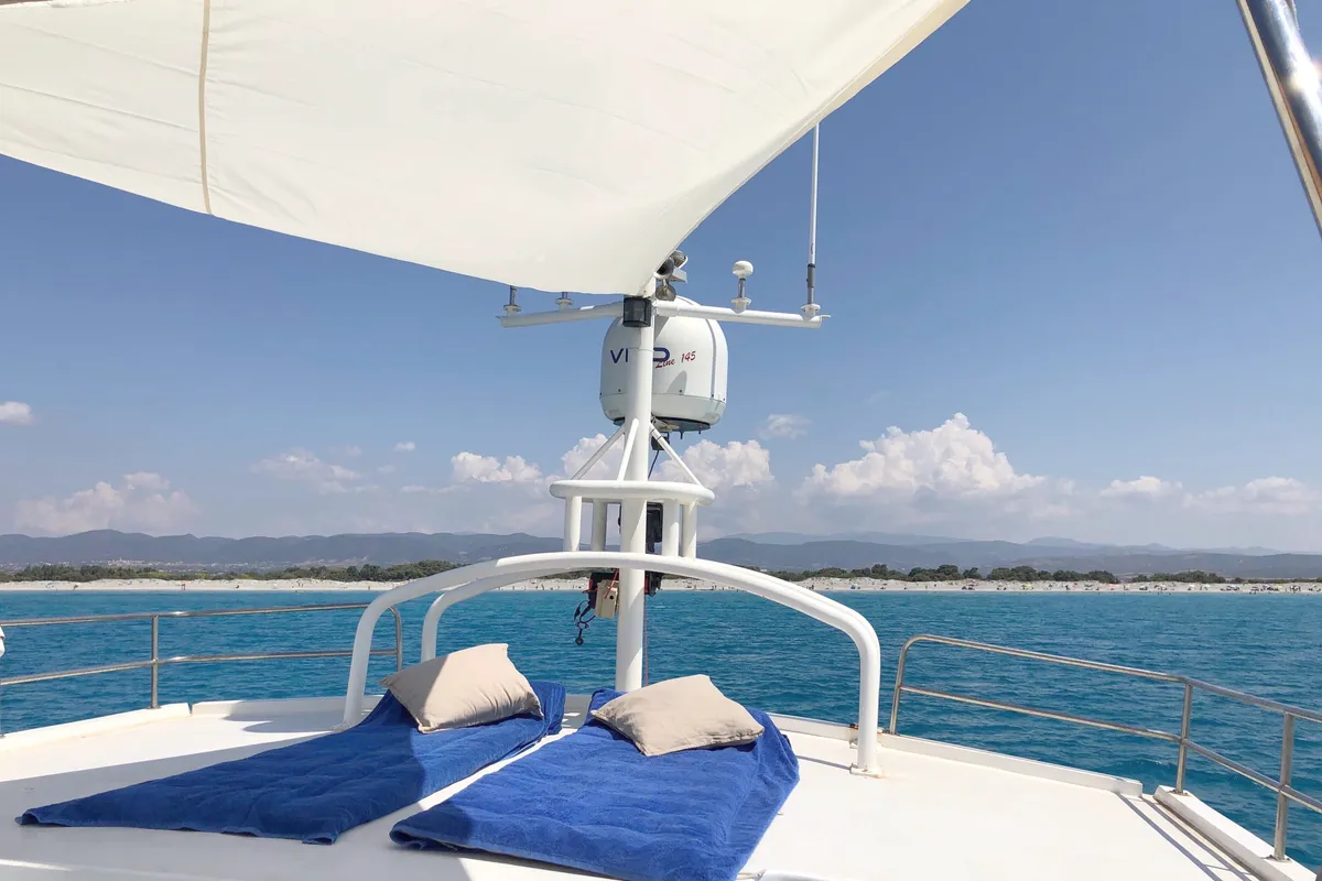 Deck of Dreamaway, a Gulet Waverunner 55 motor yacht at Olbia, Italy