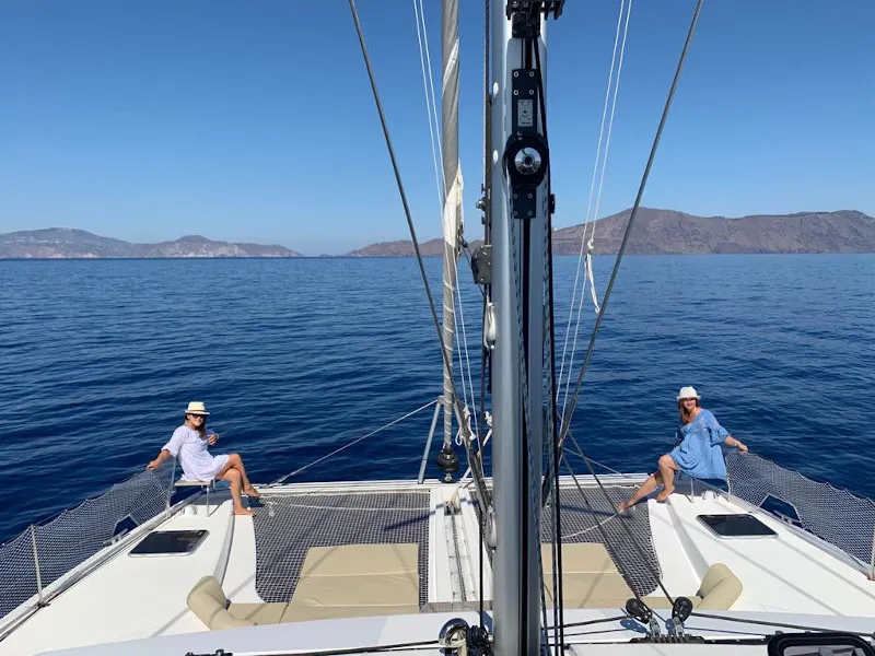 Exterior view of Calypso, a Nautitech 46 Fly catamaran at Capo d'Orlando, Italy