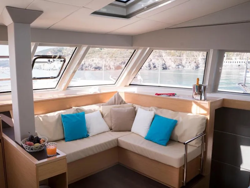 Deck of Calypso, a Nautitech 46 Fly catamaran at Capo d'Orlando, Italy