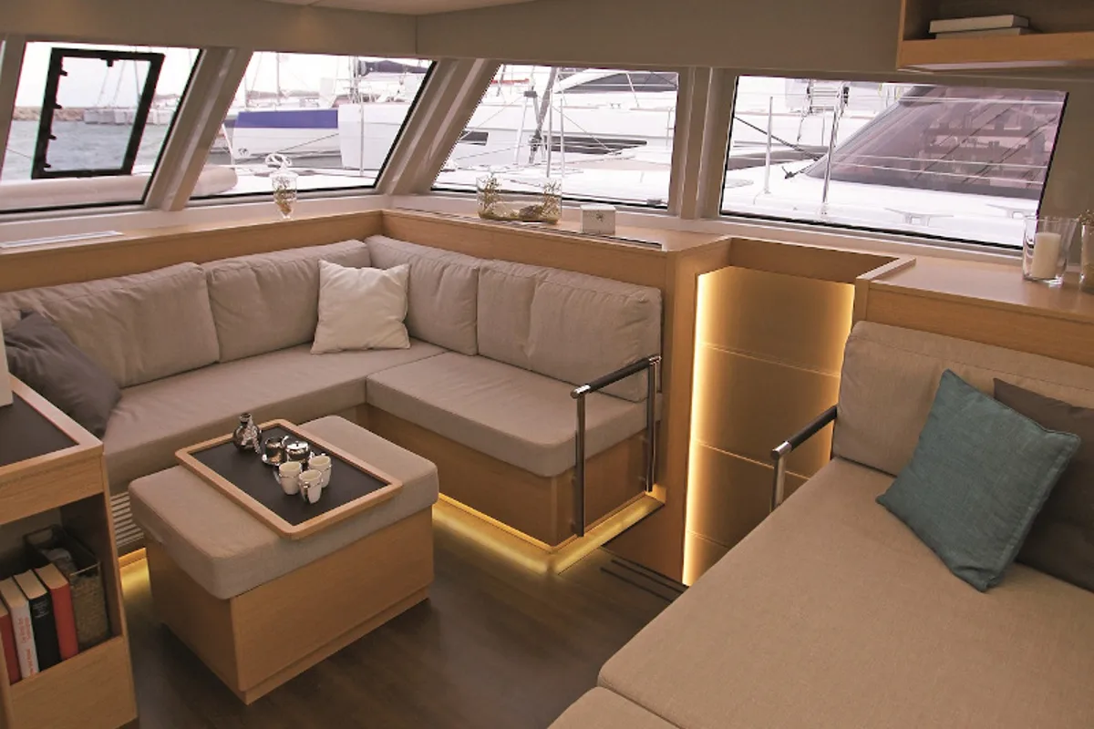 Salon of Calypso, a Nautitech 46 Fly catamaran at Capo d'Orlando, Italy
