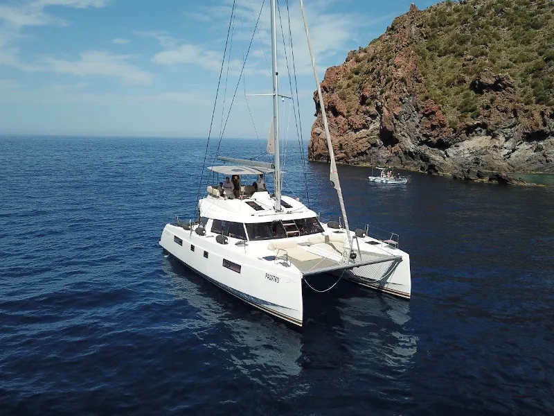 Cabin on Calypso, a Nautitech 46 Fly catamaran at Capo d'Orlando, Italy