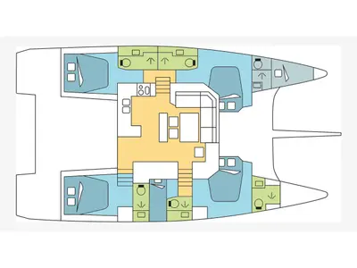Floor plan of Hawaii 5-0 - Skippered, a Dufour Catamaran 48 catamaran at Parikia, Greece