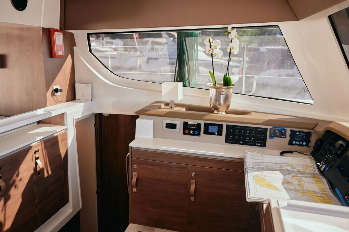 Cockpit of Gemini, a Bali Catspace catamaran at Marmaris, Turkey