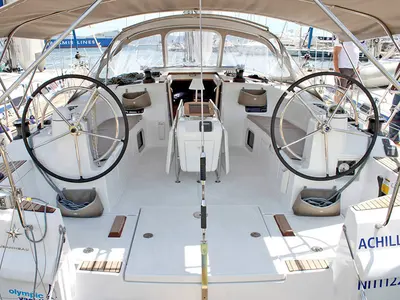 Cockpit of Achilles, a Jeanneau Sun Odyssey 509 sailboat at Lavreotiki Municipal Unit, Greece