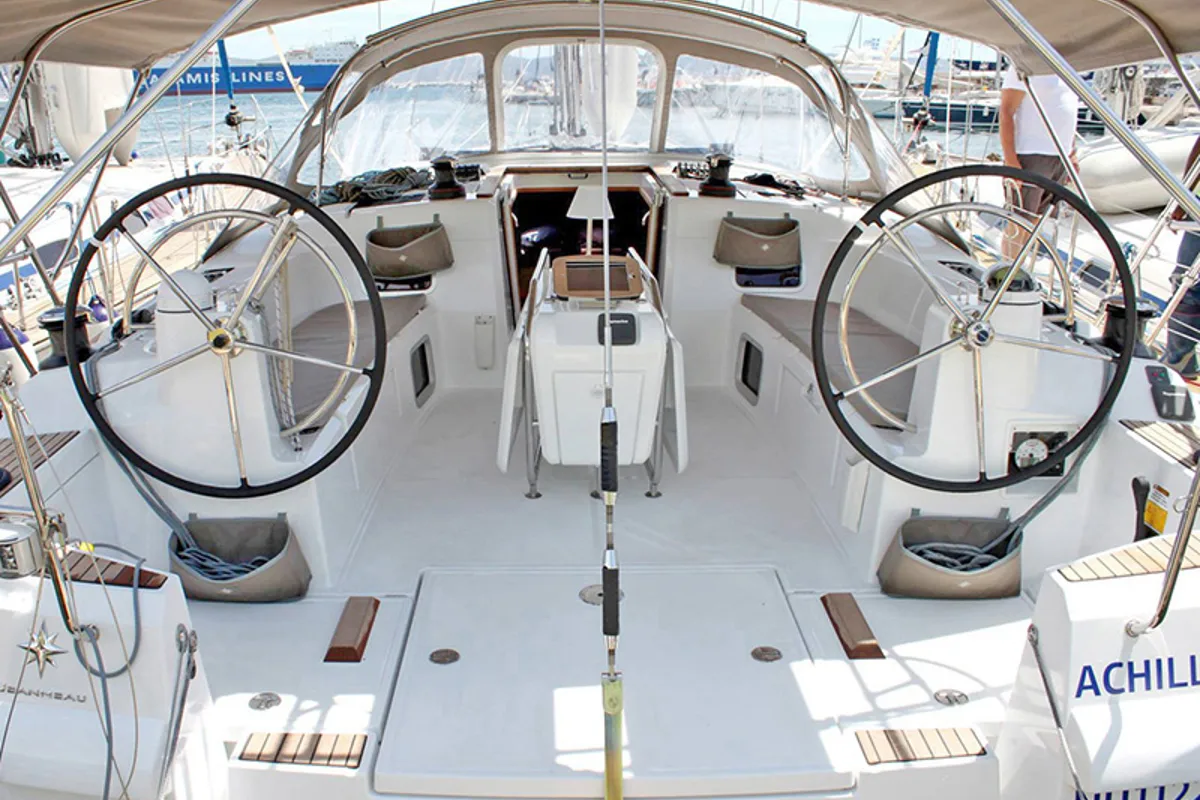 Cockpit of Achilles, a Jeanneau Sun Odyssey 509 sailboat at Lavreotiki Municipal Unit, Greece