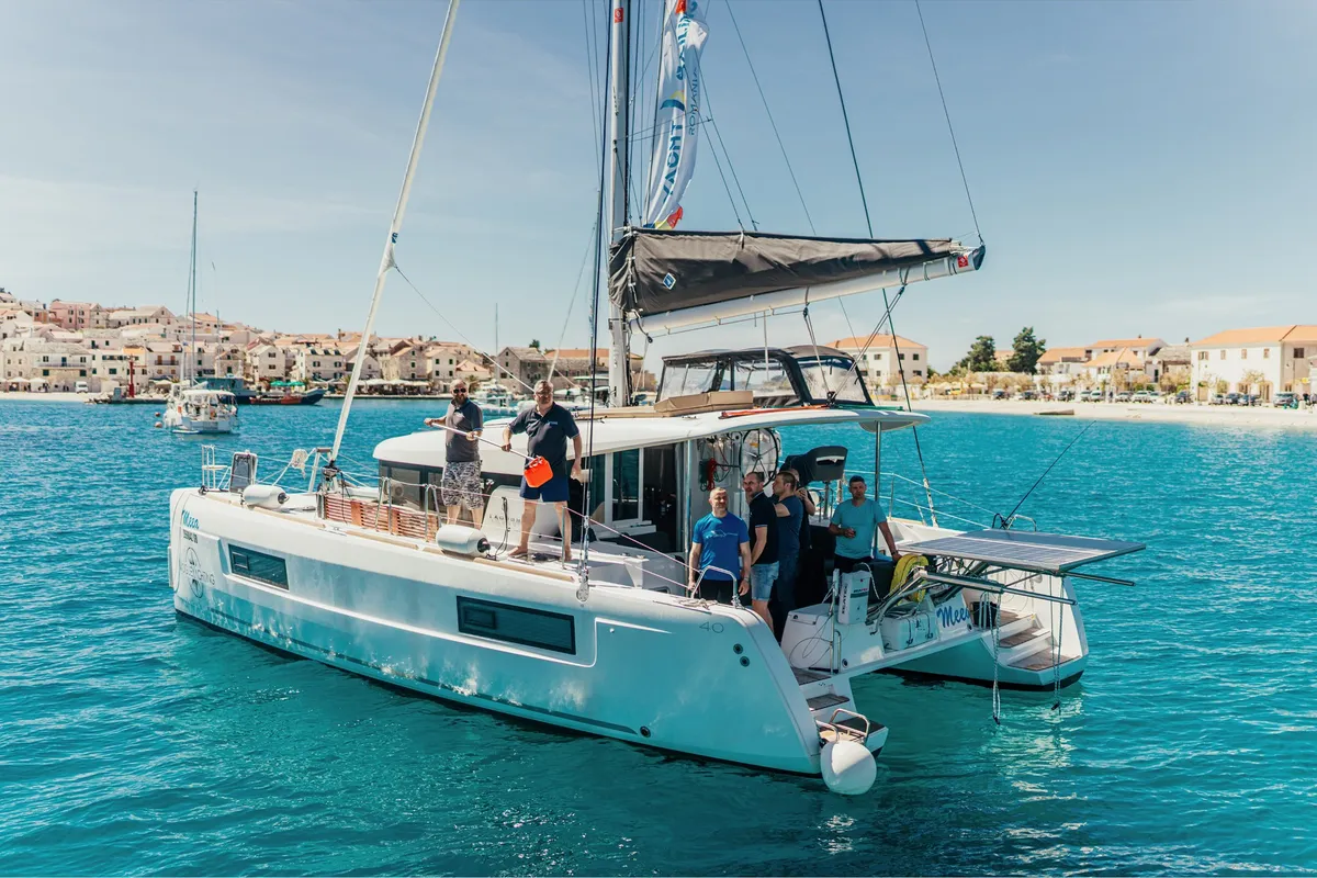 Exterior view of Meea, a Lagoon 40 catamaran at Grad Šibenik, Croatia