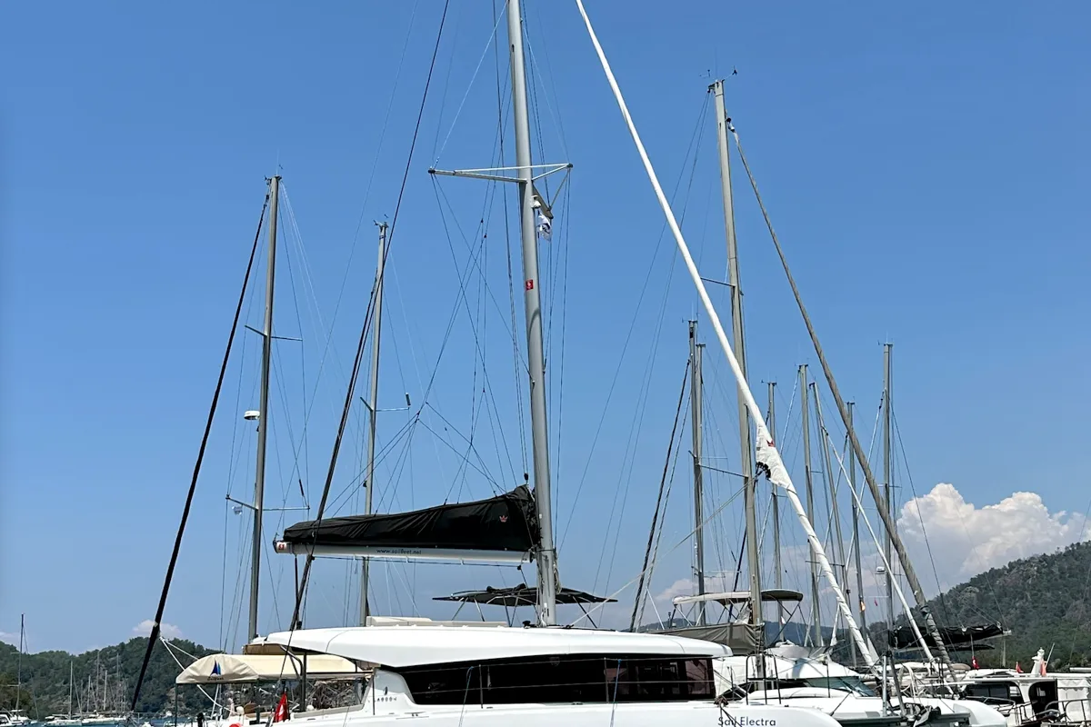 Exterior view of Lagoon 42, a catamaran at Marmaris, Turkey