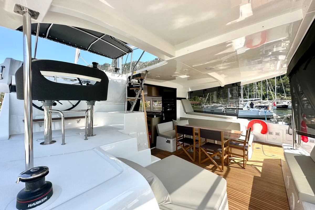 Cockpit of Lagoon 42, a catamaran at Marmaris, Turkey