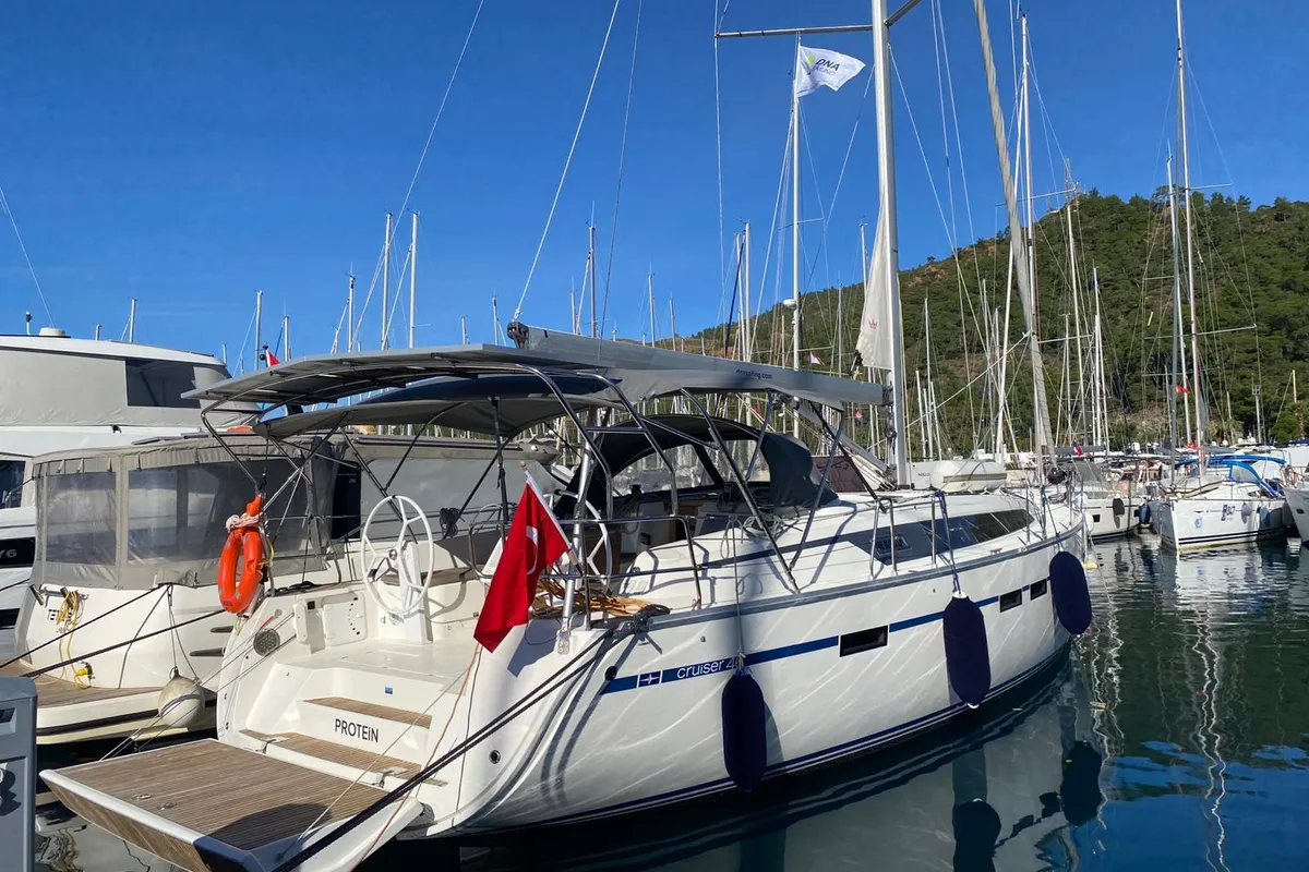 Exterior view of Protein, a Bavaria Cruiser 46 sailboat at Marmaris, Turkey