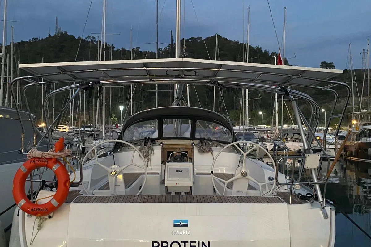 Cockpit of Protein, a Bavaria Cruiser 46 sailboat at Marmaris, Turkey