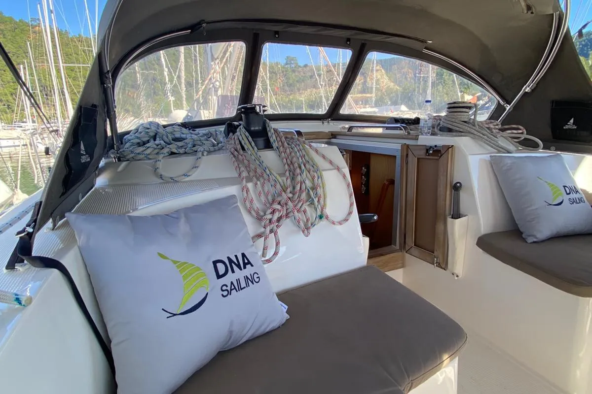 Deck of Protein, a Bavaria Cruiser 46 sailboat at Marmaris, Turkey