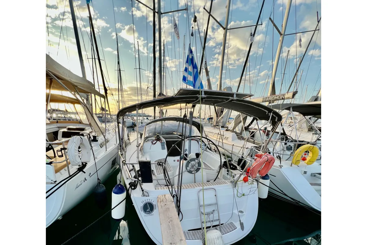 Exterior view of Nefeli, a Dufour 34 sailboat at Rhodes, Greece