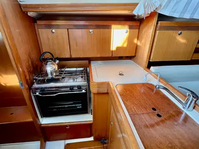 Galley of Nefeli, a Dufour 34 sailboat at Rhodes, Greece